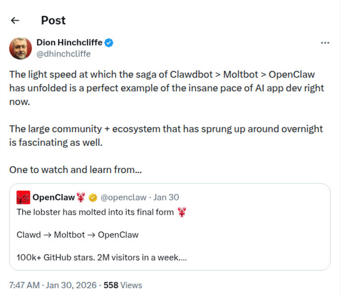 Tweet from Dion Hinchcliffe: The insane pace of AI app dev. The large community and ecosystem is fascinating. One to watch.