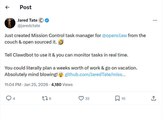 Tweet from Jared Tate: You could literally plan a weeks worth of work and go on vacation. Absolutely mind blowing.