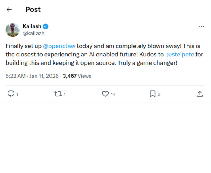 Tweet from Kailash: Finally set up OpenClaw and am completely blown away. Truly a game changer.