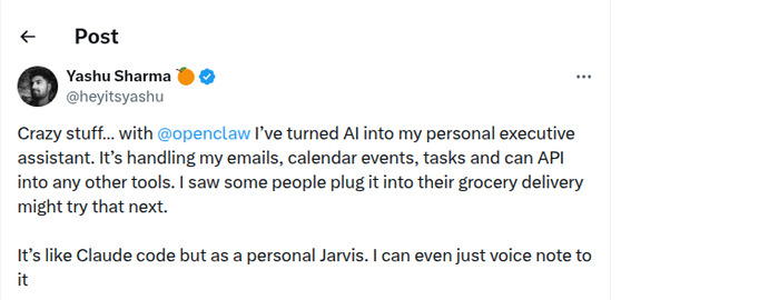 Tweet from Yashu Sharma: I've turned AI into my personal executive assistant. It's handling my emails, calendar events, tasks.